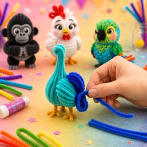May include: A collection of fuzzy pipe cleaner animal figures including a black gorilla, a white chicken, a green parrot, and a turquoise peacock. The peacock is being assembled with blue pipe cleaners on a colorful gradient surface.