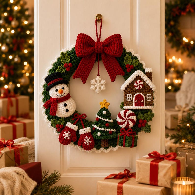 May include: A crocheted Christmas wreath featuring a large red bow at the top, a white snowflake, a snowman, a gingerbread house, a Christmas tree, red mittens, a peppermint candy, and a green gift box, all arranged on a green foliage base.