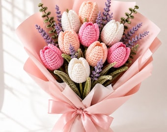 Crochet Tulip Bouquet, Handmade Pink Peach White Forever Flowers, Lavender Sage Floral Arrangement