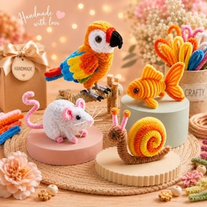 May include: A collection of handmade pipe cleaner figures including a colorful parrot, a gold fish, a white mouse with pink ears, and a snail with a spiral shell. The parrot features blue, yellow, and orange feathers with a black beak.
