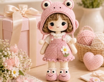 Frog Girl Doll Amigurumi PDF Pattern, Hooded Crochet Toy for intermediate and Nursery Decor