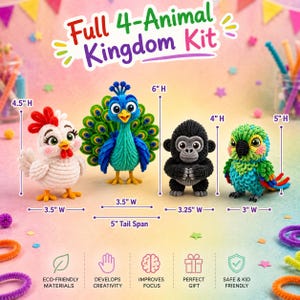 May include: A Full 4-Animal Kingdom Kit featuring four crocheted animal figures: a white chicken, a blue and green peacock, a black gorilla, and a multi-colored parrot. Dimensions are labeled in inches for each figure, including heights and widths.