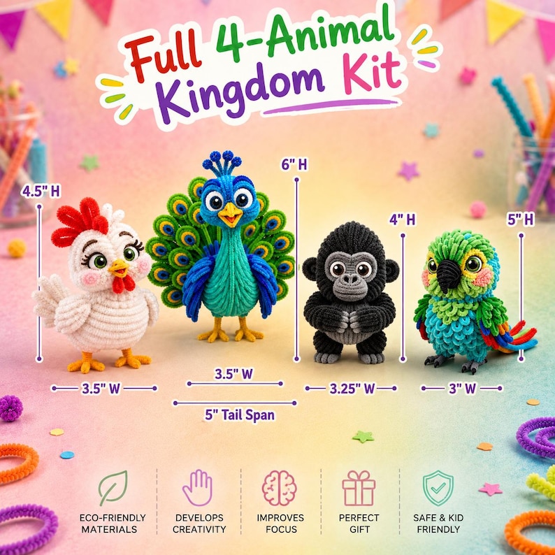 May include: A Full 4-Animal Kingdom Kit featuring four crocheted animal figures: a white chicken, a blue and green peacock, a black gorilla, and a multi-colored parrot. Dimensions are labeled in inches for each figure, including heights and widths.