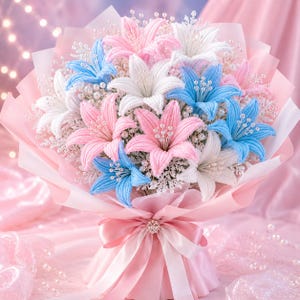 May include: A bouquet of crocheted lily flowers in shades of pastel pink, light blue, and white. The flowers feature textured petals and are accented with small white pearl beads and white filler sprigs. The bouquet is wrapped in pink paper.