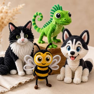 Pipe Cleaner Animals DIY Pattern PDF, Beginner Chenille Craft Tutorial, Cat Husky Bee Iguana