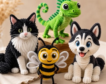 Pipe Cleaner Animals DIY Pattern PDF, Beginner Chenille Craft Tutorial, Cat Husky Bee Iguana