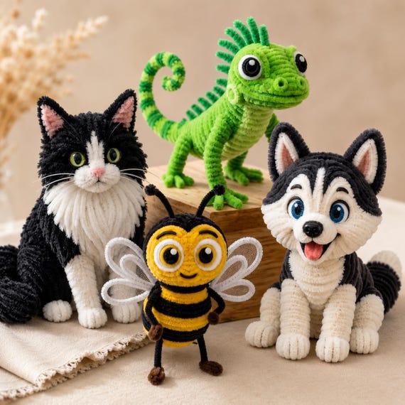 Pipe Cleaner Animals DIY Pattern PDF, Beginner Chenille Craft Tutorial, Cat Husky Bee Iguana