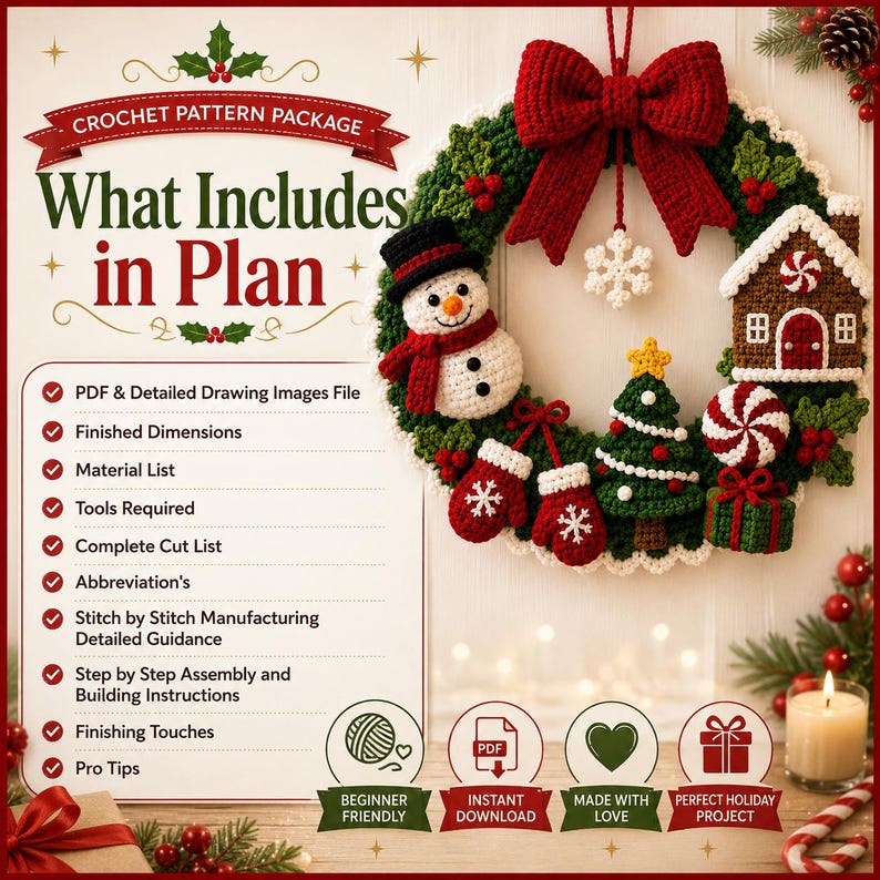 May include: A crochet pattern package advertisement featuring a wreath with a snowman, gingerbread house, Christmas tree, and mittens. Text reads: What Includes in Plan, PDF & Detailed Drawing Images File, Finished Dimensions, Material List, Tools Required, Complete Cut List, Abbreviation's, Stitch by Stitch Manufacturing Detailed Guidance, Step by Step Assembly and Building Instructions, Finishing Touches, Pro Tips.