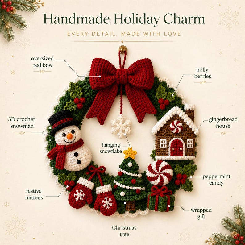 May include: A handmade crochet holiday wreath featuring an oversized red bow, a 3D snowman, a gingerbread house, a Christmas tree, festive mittens, a peppermint candy, a wrapped gift, holly berries, and a hanging white snowflake ornament.