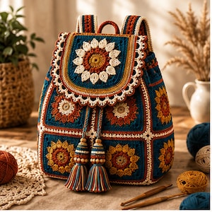 May include: A crochet backpack featuring a dark blue base with multi-coloured sunflower motifs in yellow, orange, and cream. The bag has a flap closure with a scalloped white edge, two drawstring tassels with wooden beads, and adjustable straps.