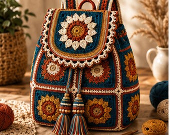 Crochet Backpack Pattern PDF, Sunflower Granny Square Bags, Boho Backpack, Bag Patterns Tutorial