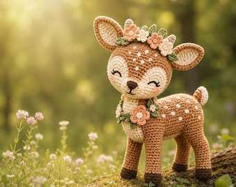 Baby Deer Crochet Pattern PDF, Fawn Amigurumi, Woodland Flower Crown Deer