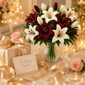 May include: A bouquet of crocheted white and deep red lilies in a clear glass vase, accompanied by a gift box with a satin ribbon and a card featuring the text For Someone Special with a heart symbol, set against a soft, warm, glowing background.