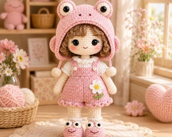 Frog Girl Doll Amigurumi PDF Pattern, Hooded Crochet Toy for intermediate and Nursery Decor