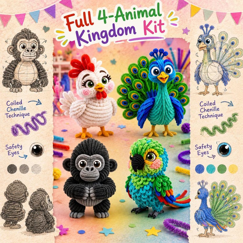 May include: A Full 4-Animal Kingdom Kit featuring crochet-style figures of a white chicken, a blue peacock, a black gorilla, and a multi-colored parrot. The kit includes diagrams for the coiled chenille technique and safety eyes for assembly.