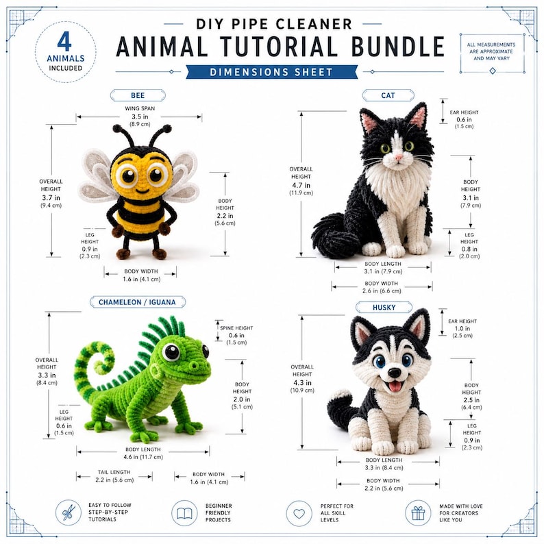 Op de afbeelding: Een DIY pijpenrager dieren tutorial bundel afmetingenblad met vier figuren: een bij, een kat, een kameleon en een husky. Elk figuur bevat gelabelde afmetingen in centimeters, zoals de totale hoogte van 9,4 cm van de bij en 11,9 cm van de kat.
