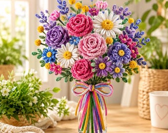 Handmade Colorful Flower Bouquet Gift for Mom, Yarn Floral Arrangement, Home Decor Wedding Centerpiece
