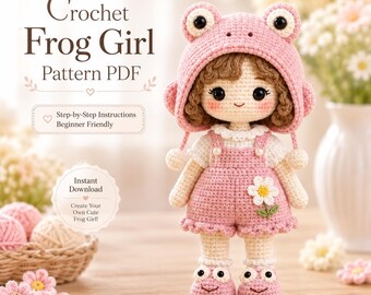 Modèle PDF Amigurumi de poupée grenouille fille, jouet au crochet à capuche pour décoration intermédiaire et de chambre d'enfant