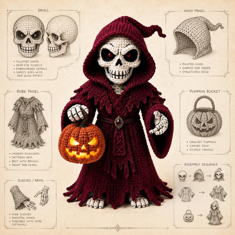 May include: A crochet grim reaper doll wearing a deep burgundy hooded robe with a tattered hem and a central brooch. The figure has a white skull head with red eyes and holds a glowing orange crochet pumpkin bucket in one skeletal hand.
