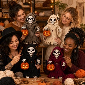 May include: Four crocheted skeleton figures wearing hooded robes in brown, cream, black, and burgundy. Each skeleton holds a small, glowing orange jack-o'-lantern. The figures feature detailed skull faces with dark eye sockets and bony hands.