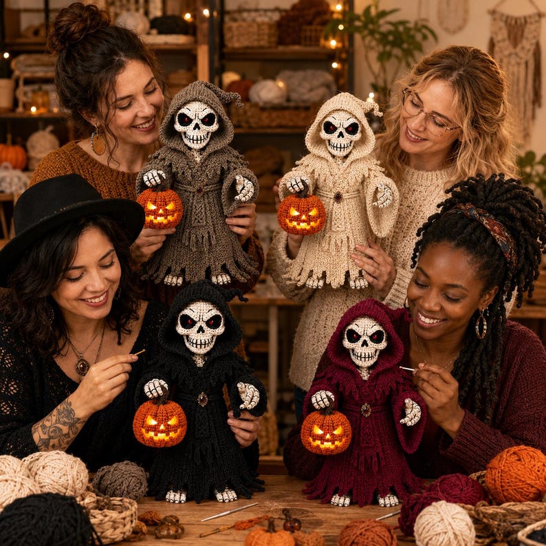 May include: Four crocheted skeleton figures wearing hooded robes in brown, cream, black, and burgundy. Each skeleton holds a small, glowing orange jack-o'-lantern. The figures feature detailed skull faces with dark eye sockets and bony hands.