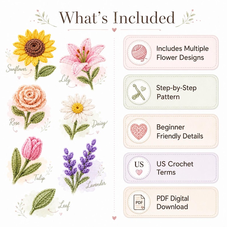 May include: A digital guide titled What's Included featuring illustrations of a crocheted sunflower, lily, rose, daisy, tulip, lavender, and leaf. The right side lists features: Includes Multiple Flower Designs, Step-by-Step Pattern, Beginner Friendly Details, US Crochet Terms, and PDF Digital Download.