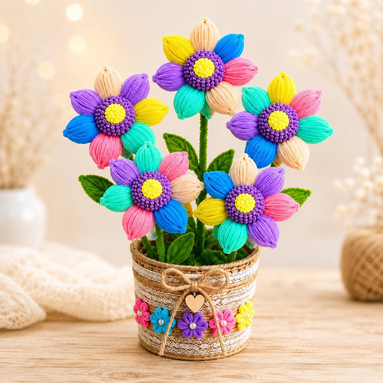 Pipe Cleaner Flower Basket Pattern, Chenille Stem Bouquet, Spring