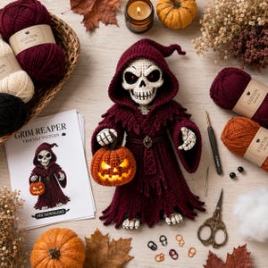 May include: A crocheted grim reaper doll wearing a deep burgundy hooded robe, holding a small orange jack-o'-lantern. The set includes a printed pattern labeled GRIM REAPER, balls of cotton yarn, a 2.9mm crochet hook, scissors, and stitch markers.