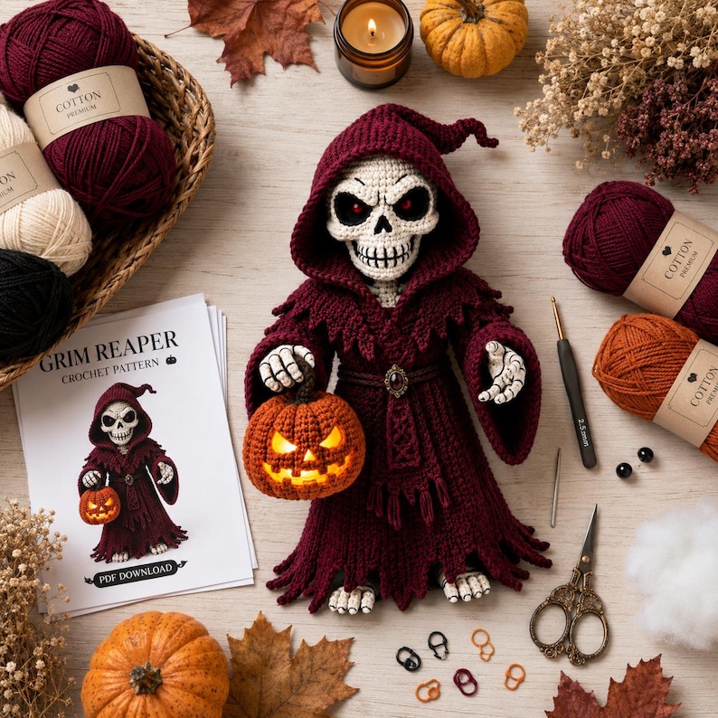 May include: A crocheted grim reaper doll wearing a deep burgundy hooded robe, holding a small orange jack-o'-lantern. The set includes a printed pattern labeled GRIM REAPER, balls of cotton yarn, a 2.9mm crochet hook, scissors, and stitch markers.