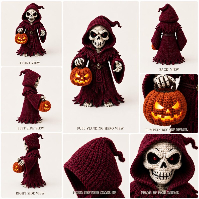 May include: A crocheted skeleton figure wearing a dark burgundy hooded robe with a tattered hem. The figure has a white skull face with dark eye sockets and holds a small, orange, glowing jack-o'-lantern bucket with a carved face.