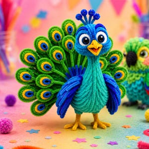 May include: A handcrafted peacock figurine made from blue and green pipe cleaners, featuring a fanned tail with circular eye patterns, a bright yellow beak, and large white eyes with black pupils, standing alongside a green parrot figurine.