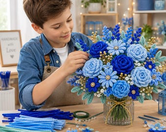 Luxury Blue Pipe Cleaner Bouquet, Handmade Chenille Roses Forever, Flowers Wedding Centerpiece Gift Decor