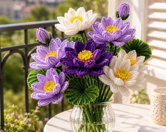 Handmade Water Lily Bouquet in Glass Vase, Purple White Artificial Flowers, Pipe Cleaner Floral