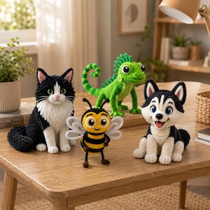 Op de afbeelding: Een verzameling van vier handgemaakte gehaakte knuffels, waaronder een zwart-witte kat, een felgroene leguaan met een gekrulde staart, een kleine geel-zwart gestreepte bij met witte vleugels en een zwart-witte husky met een vrolijke uitdrukking.