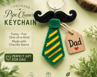 Father’s Day Gift for Dad, Handmade Pipe Cleaner Mustache Tie Keychain, Unique keychain