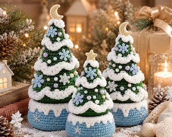 Pacchetto di schemi per alberi di Natale all'uncinetto, 3 misure, decorazioni natalizie amigurumi, alberi in palla di neve in formato PDF