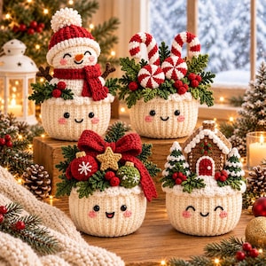 May include: Four crocheted cream-colored bowls with smiling faces, each topped with festive decorations: a snowman, candy canes and peppermint candies, a red bow with ornaments, and a miniature gingerbread house with pine trees.