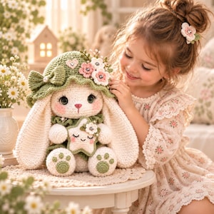 May include: A cream-colored crochet rabbit doll featuring long ears, a green hat adorned with pink and white fabric flowers, and a small star-shaped accessory with a smiling face. The rabbit has large dark eyes, pink cheeks, and green paw pads.
