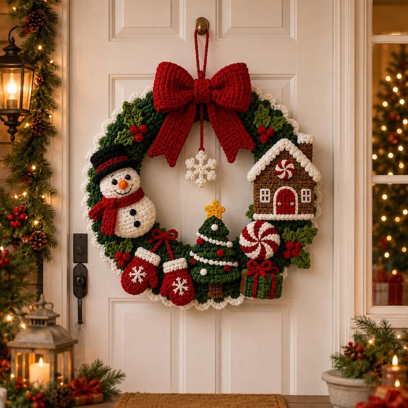 May include: A crocheted Christmas wreath featuring a large red bow at the top, a white snowman, a gingerbread house, a green Christmas tree, red mittens, a peppermint candy, and a green gift box, all accented with white snowflake details.