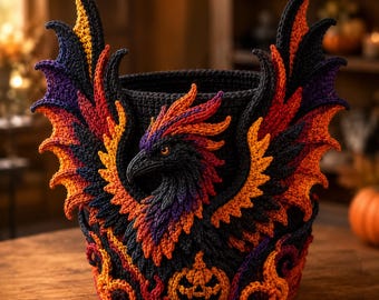 Halloween Crochet Basket Pattern, Raven Flame Storage Basket PDF, Fantasy Fall Decor Instant Download