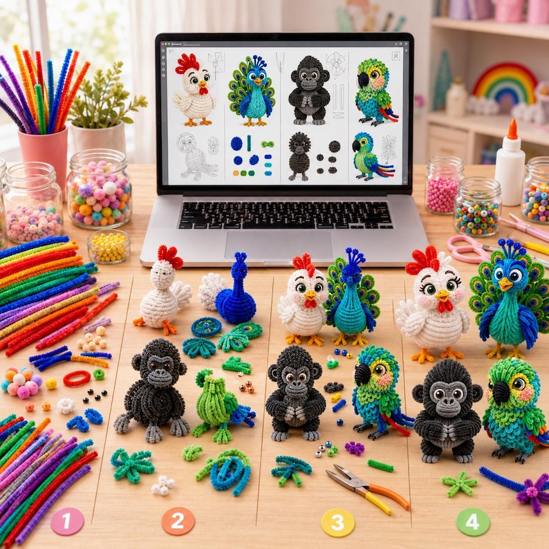 May include: A craft kit featuring pipe cleaners, beads, and tools to create animal figures. A laptop displays instructions for a chicken, peacock, gorilla, and parrot. Finished figures of these animals are arranged on the table with supplies.