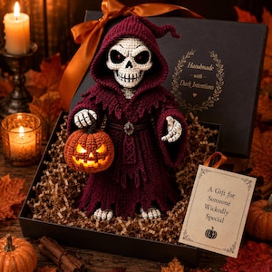May include: A crocheted skeleton figure wearing a deep burgundy hooded robe, holding a small glowing orange jack-o'-lantern. The figure is presented in a black gift box with a tag reading A Gift for Someone Wickedly Special and a box lid with text.