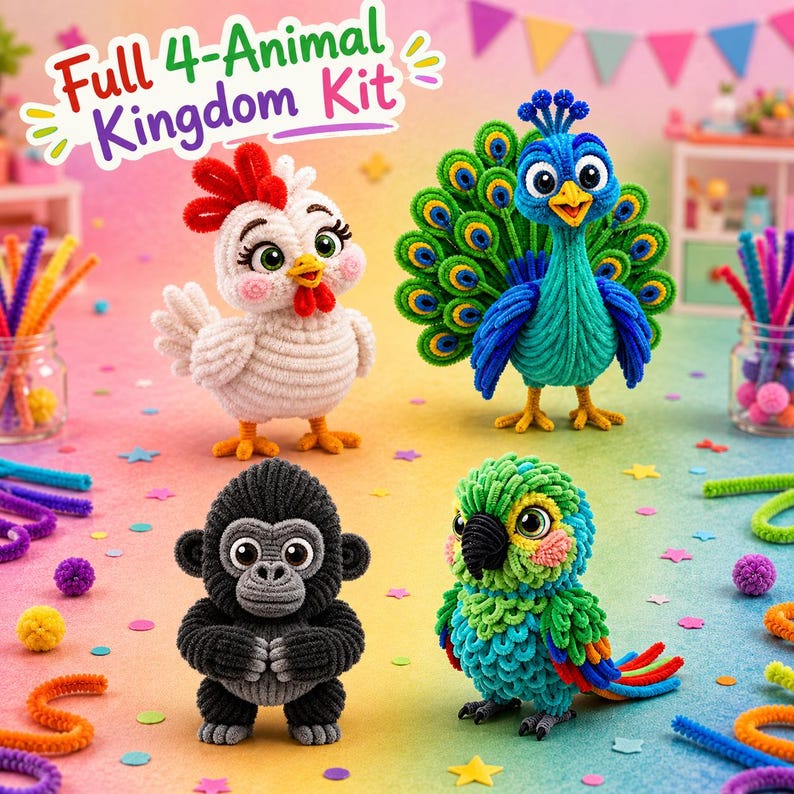 May include: A craft kit featuring four pipe cleaner animal figures: a white chicken with a red crest, a blue and green peacock with a fanned tail, a dark gray gorilla, and a green and blue parrot. The text Full 4-Animal Kingdom Kit is visible.