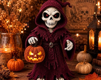 Schema PDF per realizzare all'uncinetto il Tristo Mietitore di Halloween, tutorial per realizzare uno scheletro di zucca amigurumi, bambola spettrale all'uncinetto