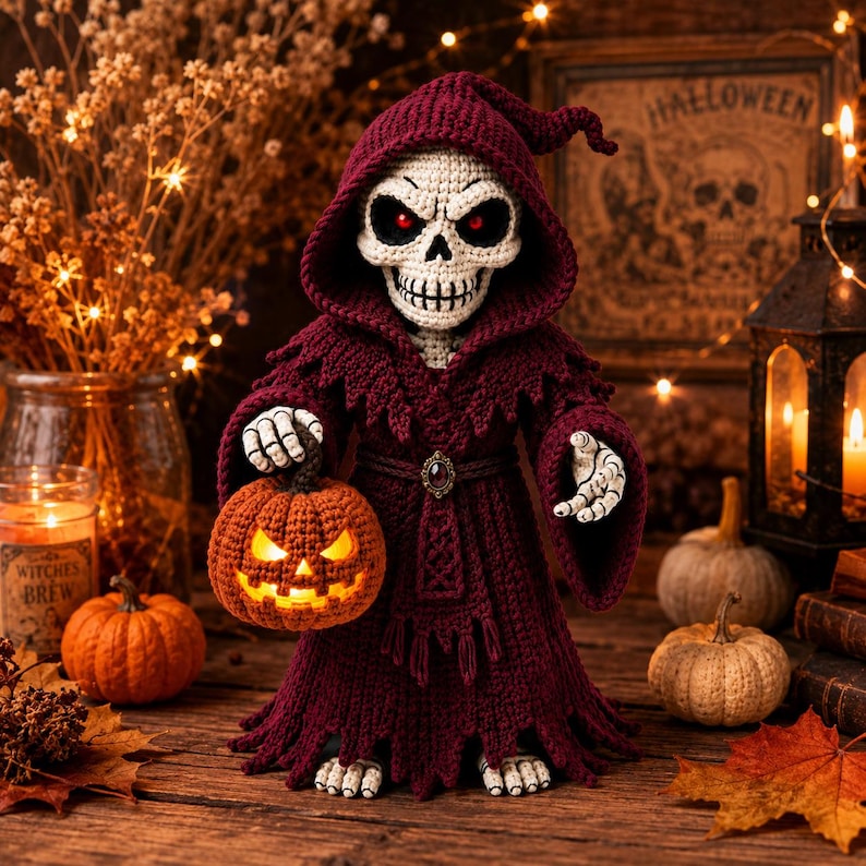 May include: A crocheted skeleton figure wearing a deep burgundy hooded robe with a frayed hem and a central decorative brooch. The figure has a white skull head with red eyes and holds a small, glowing orange crocheted jack-o'-lantern.