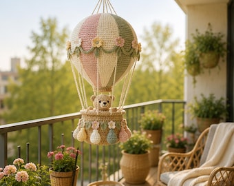 Hot Air Balloon Crochet Pattern PDF, Teddy Bear Amigurumi, Baby Mobile Nursery Decor, Download