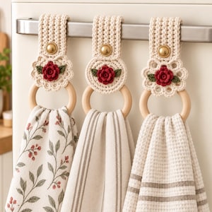 Peut inclure: Trois essuie-mains suspendus fixés à des anneaux en bois clair. Chaque serviette possède un support en crochet crème avec un bouton doré et une applique de rose rouge avec des feuilles vertes. Les serviettes présentent des motifs floraux, rayés et gaufrés.