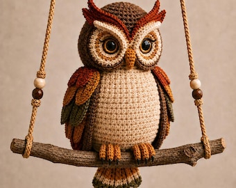 Virkad ugglamönster PDF, Amigurumi väggbonad, Skogsmark barnrumsdekor