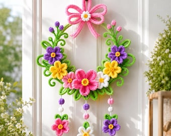 Handmade Pipe Cleaner Floral Wreath, Spring Door Decor, Hanging Beads, Colorful Flower Wall Hanging