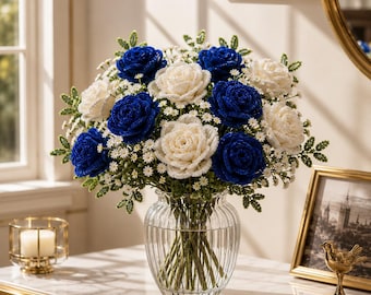 Handmade Blue Ivory Chenille Roses Bouquet, Artificial Flowers, Mother’s Day Decor